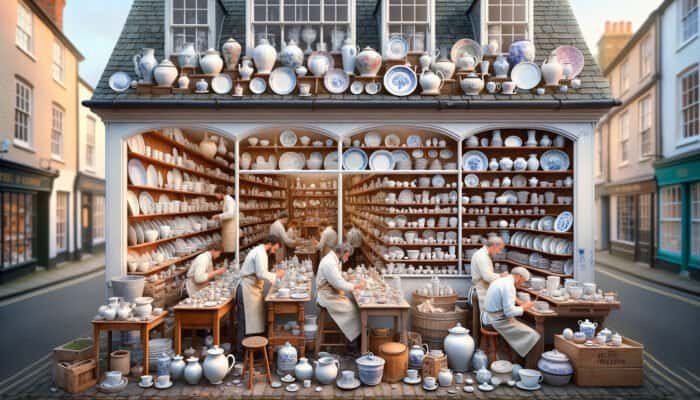 A quaint East Calder porcelain repair workshop with artisans restoring ceramics, offering personalised consultations.