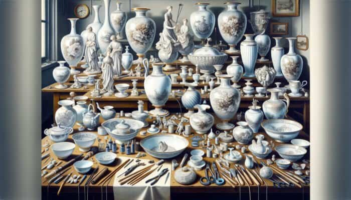 Porcelain items like vases and figurines being expertly repaired by skilled artisans in East Calder.