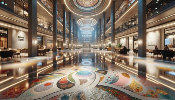 Polished terrazzo floor in a London commercial space, reflecting light, vibrant colours, intricate patterns, chic atmosphere.