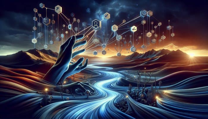 Visual representation of hands reaching for luminous streams of light symbolising link equity in a digital landscape.