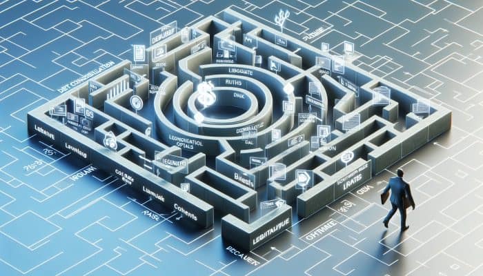 How to Avoid Scams as a Debt Consolidation Beginner: Essential Tips | DCL A person navigating a maze of financial paths, with clear safe routes highlighted, symbolising debt consolidation loans.