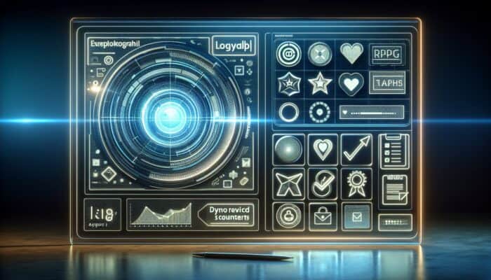 A futuristic loyalty program interface showcasing holographic badges and dynamic rewards on a modern, neon-lit backdrop.