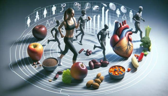 Infographic illustrating the impact of diet and exercise on cholesterol, highlighting fats, fibre, and physical activities.