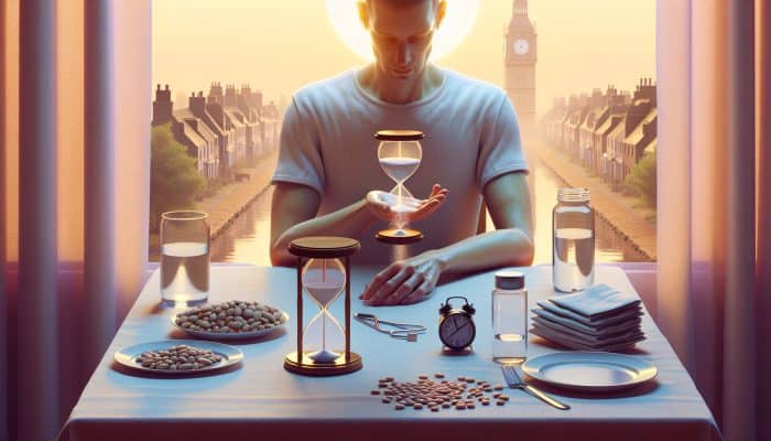 Individual in Cannock fasting for 9-12 hours for cholesterol test, hydrating with water, morning scene with clock and blood vial.