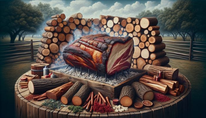 Different oak logs (white, red, live) surrounding a smoking brisket in a rustic setting with a clear sky.