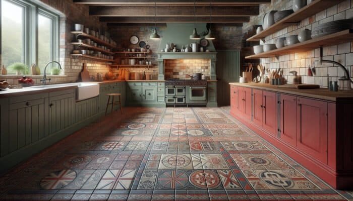 A rustic Australian kitchen featuring unglazed red and grey quarry tiles, blending traditional and contemporary styles.