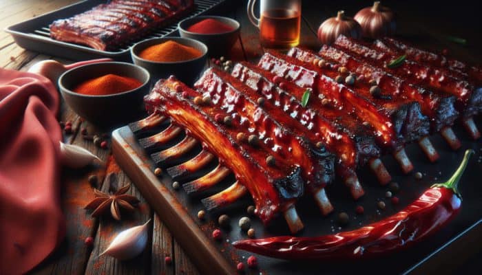 Top Spices for BBQ Pork Ribs: Close-up of BBQ pork ribs with rich, red paprika glaze on an Australian BBQ grill.