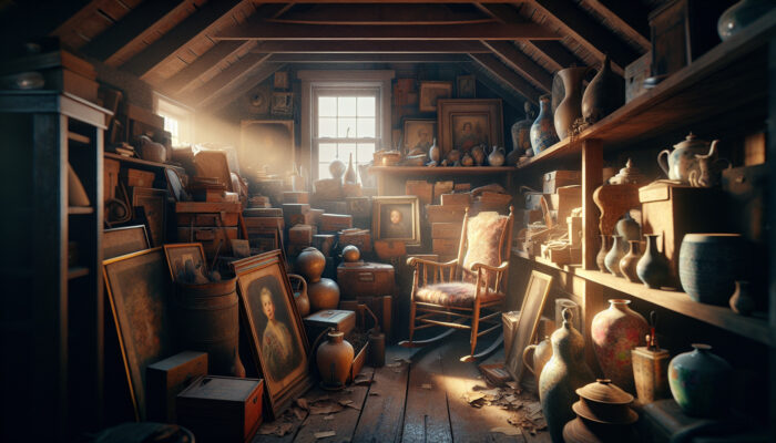A cluttered attic with family photos, rocking chair, and antique vases, illuminated by soft light through a dusty window.
