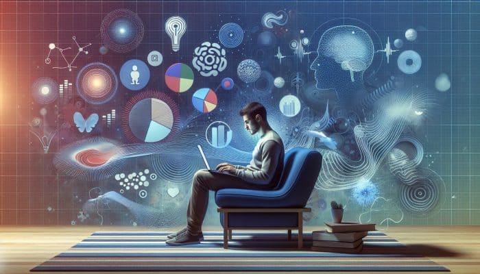 Person at home engaging in video therapy session on laptop, surrounded by calming imagery.