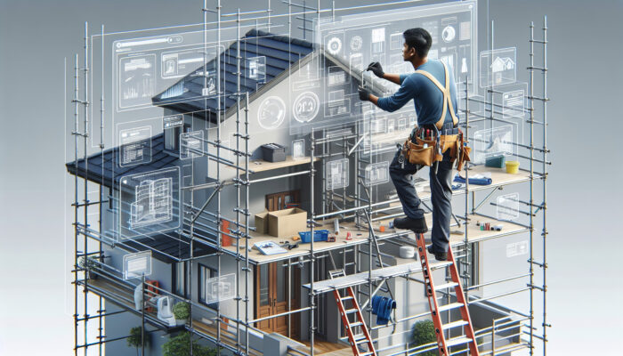 A worker using a ladder and scaffolding to safely access upper floors in a multi-storey home, following UK safety regulations.