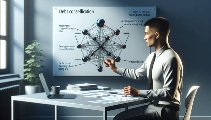 Tips for Faster Debt Consolidation Payoff: Australian Strategies | DCL Financial advisor at desk with graphs, explaining debt consolidation plan to hopeful client.
