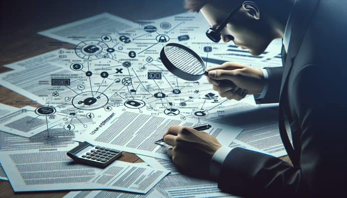 Tips for Faster Debt Consolidation Payoff: Australian Strategies | DCL Person scrutinizing loan agreement with magnifying glass, surrounded by documents and calculators, focusing on hidden fees.