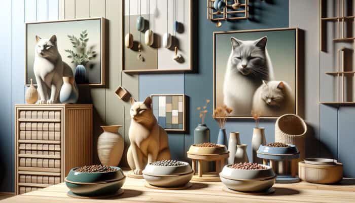 Comfortable home featuring distinct cat feeding stations, each equipped with unique bowls, promoting a peaceful atmosphere.