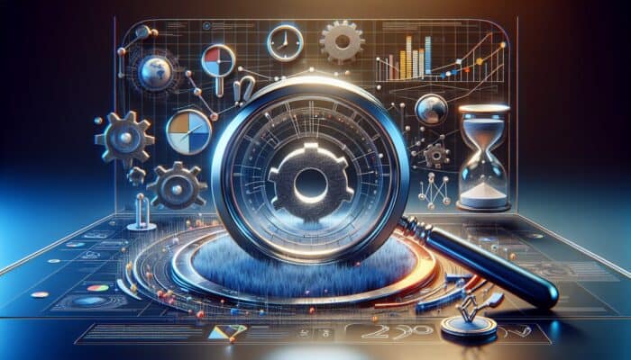 A magnifying glass focusing on a website amidst SEO tools and analytics graphs, symbolising search engine optimization.