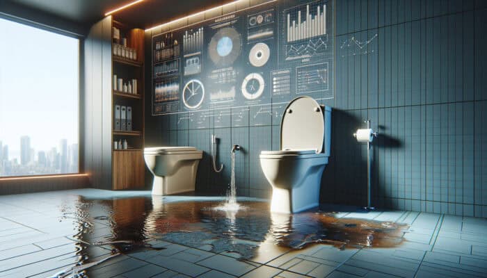 Toilet Repair Services in Tsawwassen Delta: A modern bathroom in Tsawwassen, Delta, showing a leaking toilet with floor damage, a clogged toilet with odour, and a continuously running toilet due to a faulty flapper.