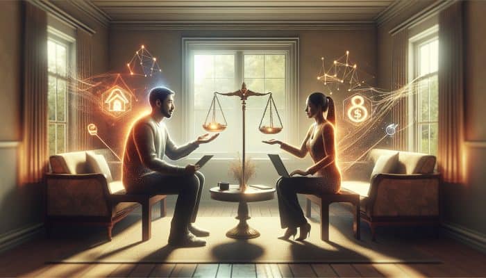 Debt Consolidation and Relationship Stress Relief: UK Solutions | DCL A couple in a cozy UK living room discussing financial strategies calmly with laptops and documents, symbolising trust and collaboration.