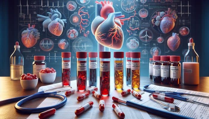 Cholesterol Blood Test in Truro: Illustration of cholesterol blood test vials labelled with total cholesterol, LDL, HDL, triglycerides, beside a heart diagram.