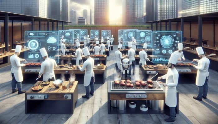 Chefs utilising AI technology at a sophisticated BBQ competition to optimise their recipes and analyse various cooking techniques.