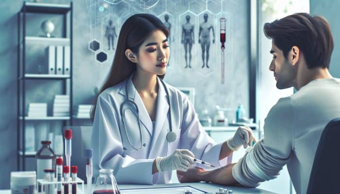 A healthcare professional calmly drawing blood from a patient's arm in a medical office.