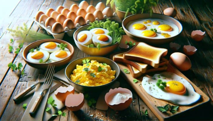 Vibrant breakfast display showcasing scrambled, fried, and boiled eggs alongside herbs and toast on a rustic table.
