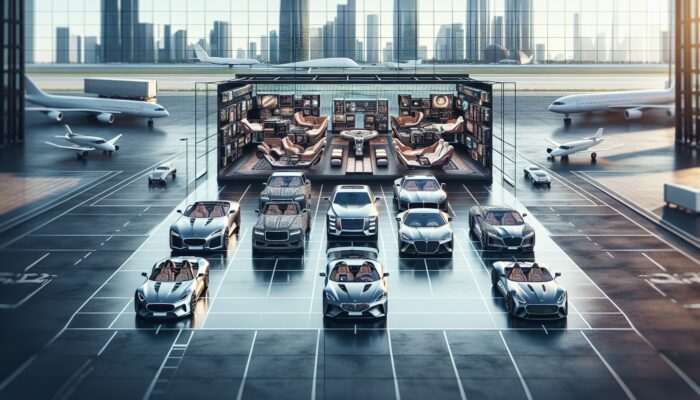 A modern luxury car fleet at an urban airport, featuring convertibles, sedans, and SUVs with leather interiors and advanced tech, with a clear pricing sign.