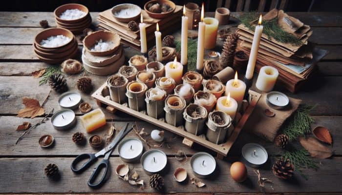 Homemade fire starters on a rustic table: wax-dipped egg cartons, cardboard rolls with dryer lint, old candles, natural elements.