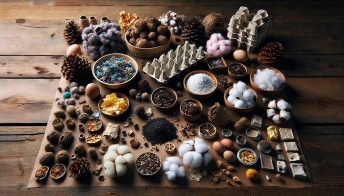 A variety of homemade fire starters on a rustic wooden table, including dryer lint, wax, cardboard, egg cartons, cotton balls, pinecones, used coffee grounds, and paper scraps.