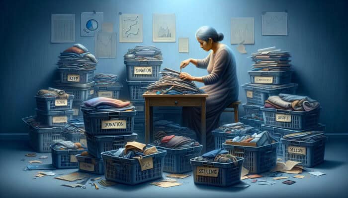Coping With Bereavement Clearance In Australia: A person sorting a deceased loved one's belongings into categories, surrounded by emotional memories.