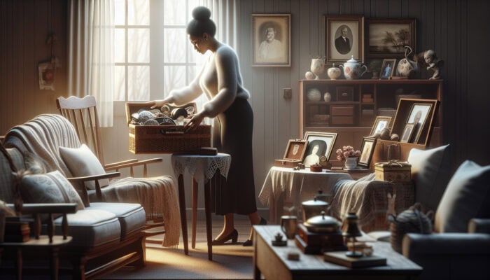 A bereavement clearance professional sorting sentimental items with empathy and discretion in a warm, inviting room.