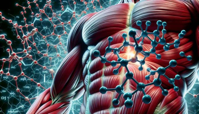 BCAAs In Bodybuilding Circles: Close-up of leucine, isoleucine, and valine molecular structures on muscular tissue, symbolising athletic enhancement.