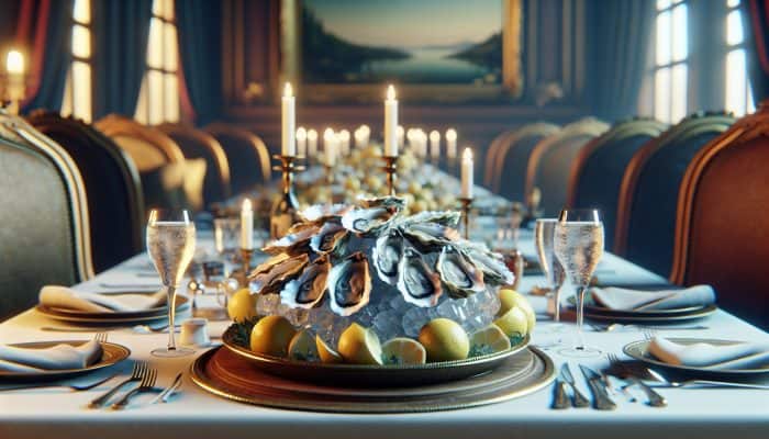 Foods to Improve Women’s Libido: Fresh oysters on ice with lemon slices, creating a romantic dinner atmosphere in traditional British dining.