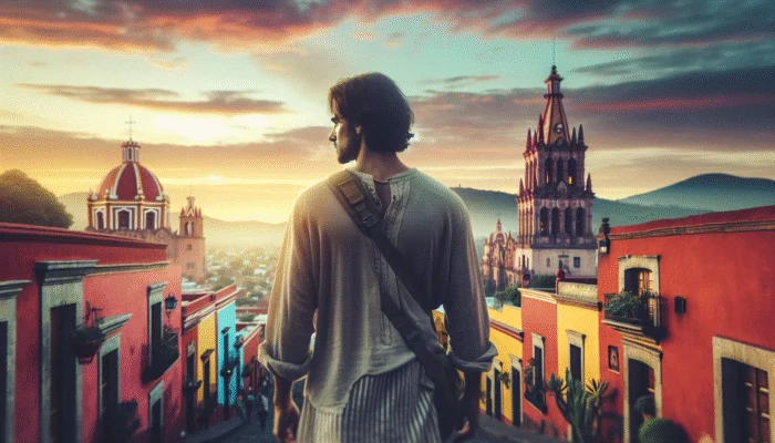 Traveler in San Miguel de Allende wearing versatile outfit with light sweater against colonial architecture at sunset.
