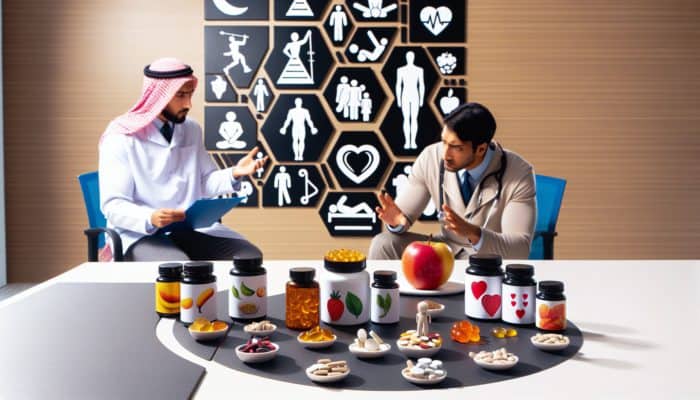 A nutritionist analysing a client's diet and lifestyle next to various supplements in a modern consultation room.