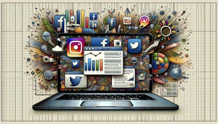 Local business using laptop to manage social media platforms and analytics in Royal Wootton Bassett.