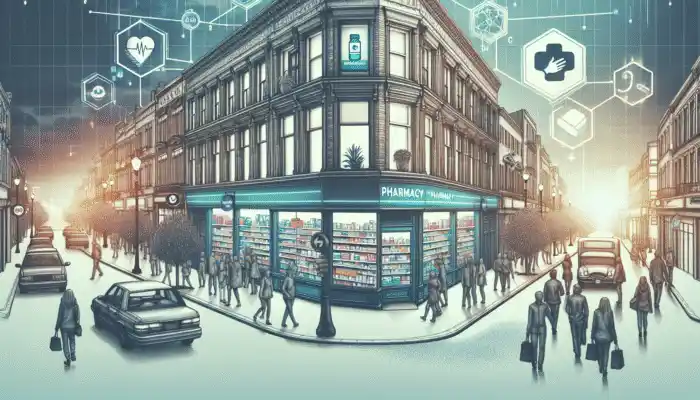 Sterile Gloves in Bedford: Bedford street showcasing Boots, Lloyds Pharmacy, and an independent pharmacy featuring sterile gloves.