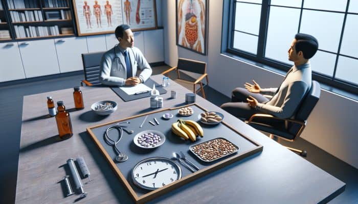 Person in doctor's office discussing thyroid test preparations, early morning, with food list on table.