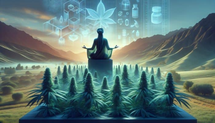 A serene landscape with ashwagandha plants and a meditating person, symbolising safety and mindfulness.