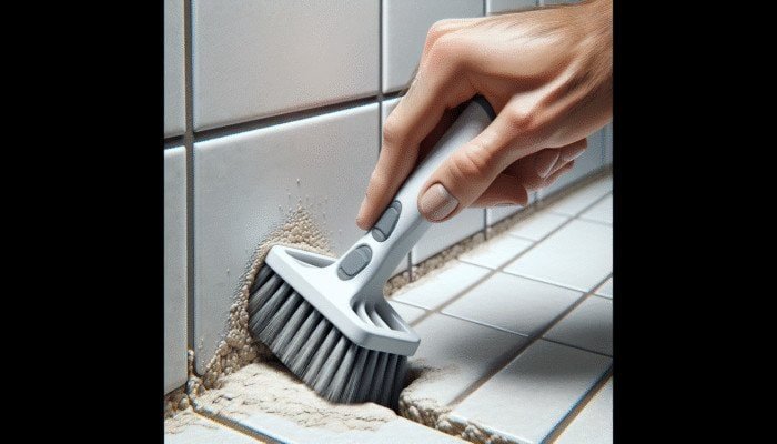 Angled brush with ergonomic handle cleaning grout in tight corner, reducing fatigue.