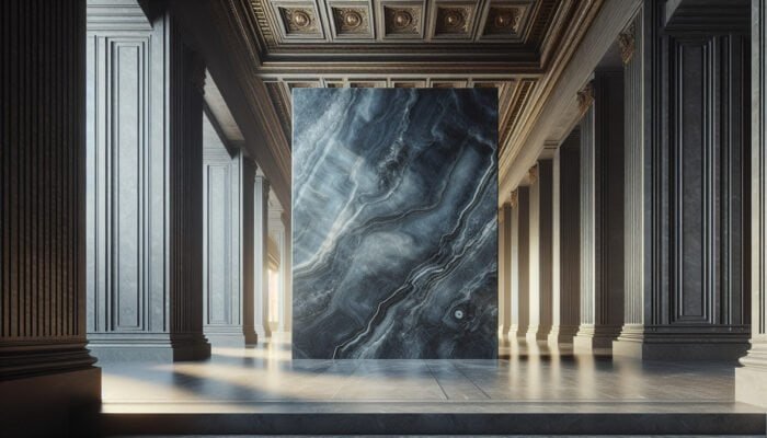 A polished slab of Belgian Blue Limestone with deep blue-grey color and fine grain, set against luxurious architecture.