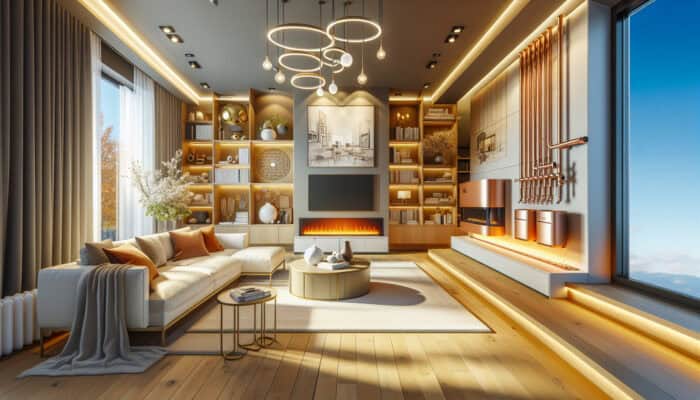 Heating Services in New Westminster: A warm living room featuring an integrated modern furnace, boiler, heat pump, and radiant floor heating.