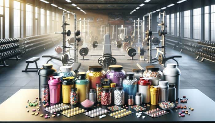 Colorful powders, pills, and clear liquid nitric oxide boosters on a table with gym equipment.