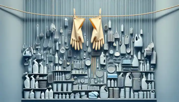 Clean rubber gloves drying on a line, with organized cleaning supplies in the background.