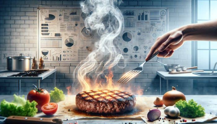 Sizzling burger patty on a flaming grill with sear marks, fresh toppings, and chef's spatula.