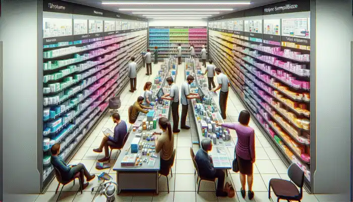 Vinyl Gloves in Wrexham: A busy pharmacy aisle in Wrexham with various vinyl gloves for different uses, staff assisting customers.