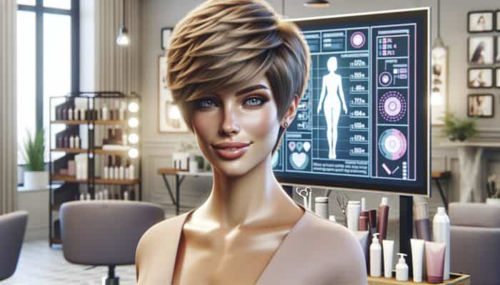 Woman with stylish pixie cut posing confidently in modern salon surrounded by hair care products.