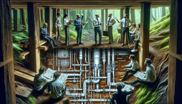 Illustration of crawl space drainage solutions in Chilliwack's damp environment, with engineers discussing drainage strategies.