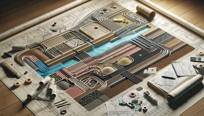 Blueprint of a perimeter drainage system with labelled components like pipes, gravel, and fabric layers.