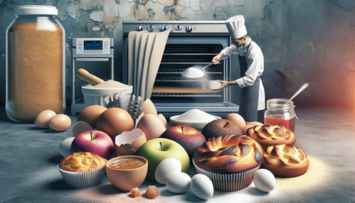 A professional baker adjusting oven settings, surrounded by erythritol, applesauce, and eggs, with moist, browned baked goods.