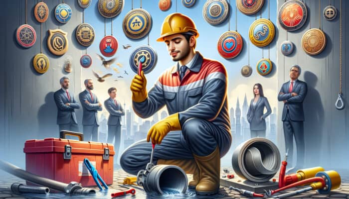 A sewer repair technician in Port Moody inspecting a damaged pipe, equipped with essential tools and showcasing certification badges.