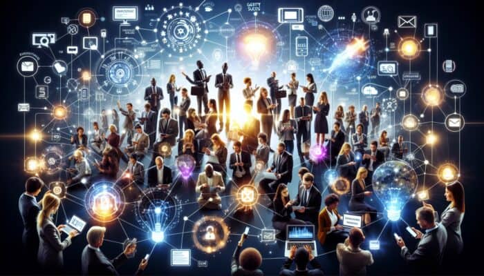 A vibrant network of people sharing product recommendations digitally, with glowing incentives symbolising trust and market expansion.